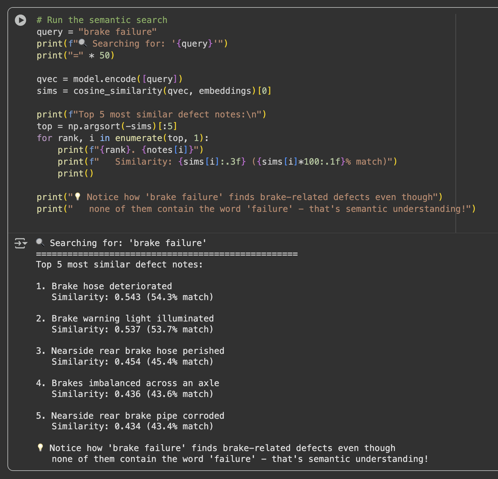 Semantic search results over MOT defect embeddings