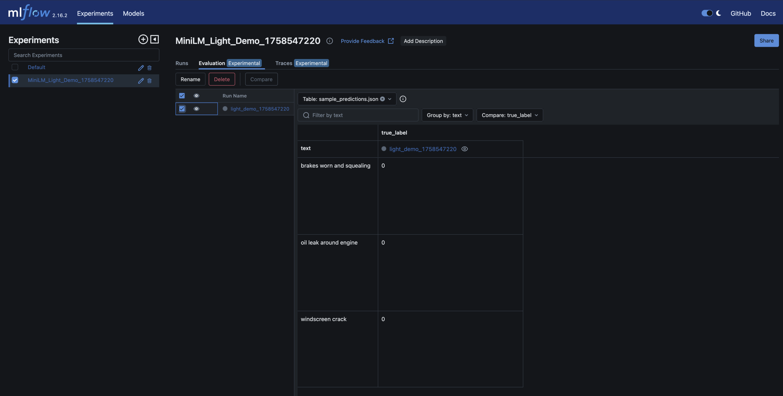 MLflow UI screenshot showing experiment overview