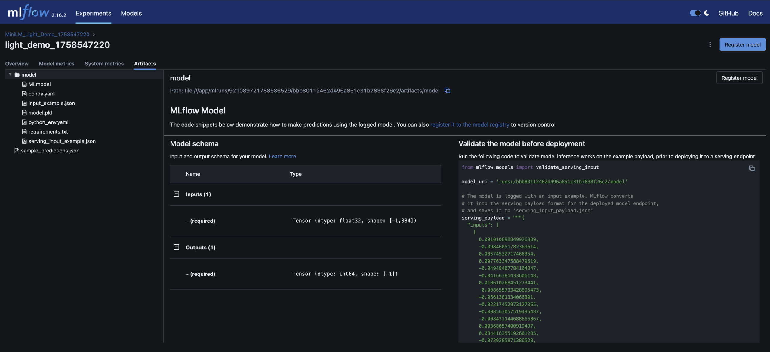 MLflow UI screenshot showing run details