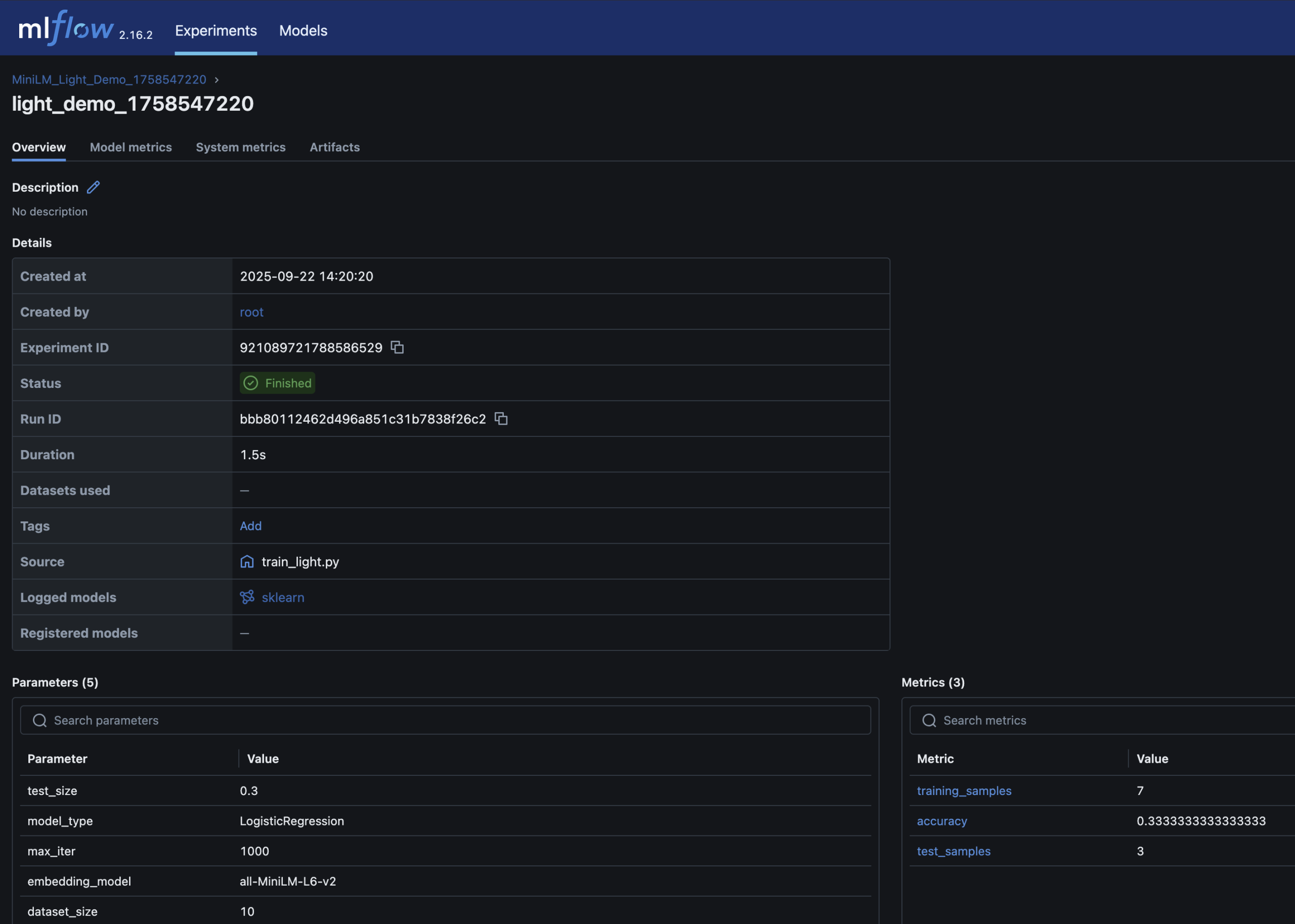 MLflow UI screenshot of run comparison