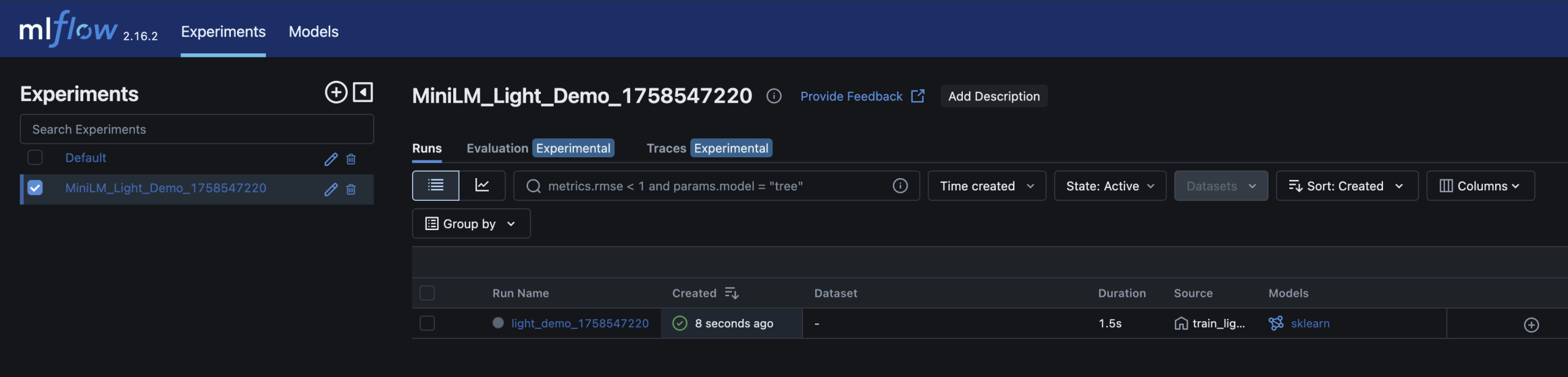MLflow UI screenshot of logged metrics